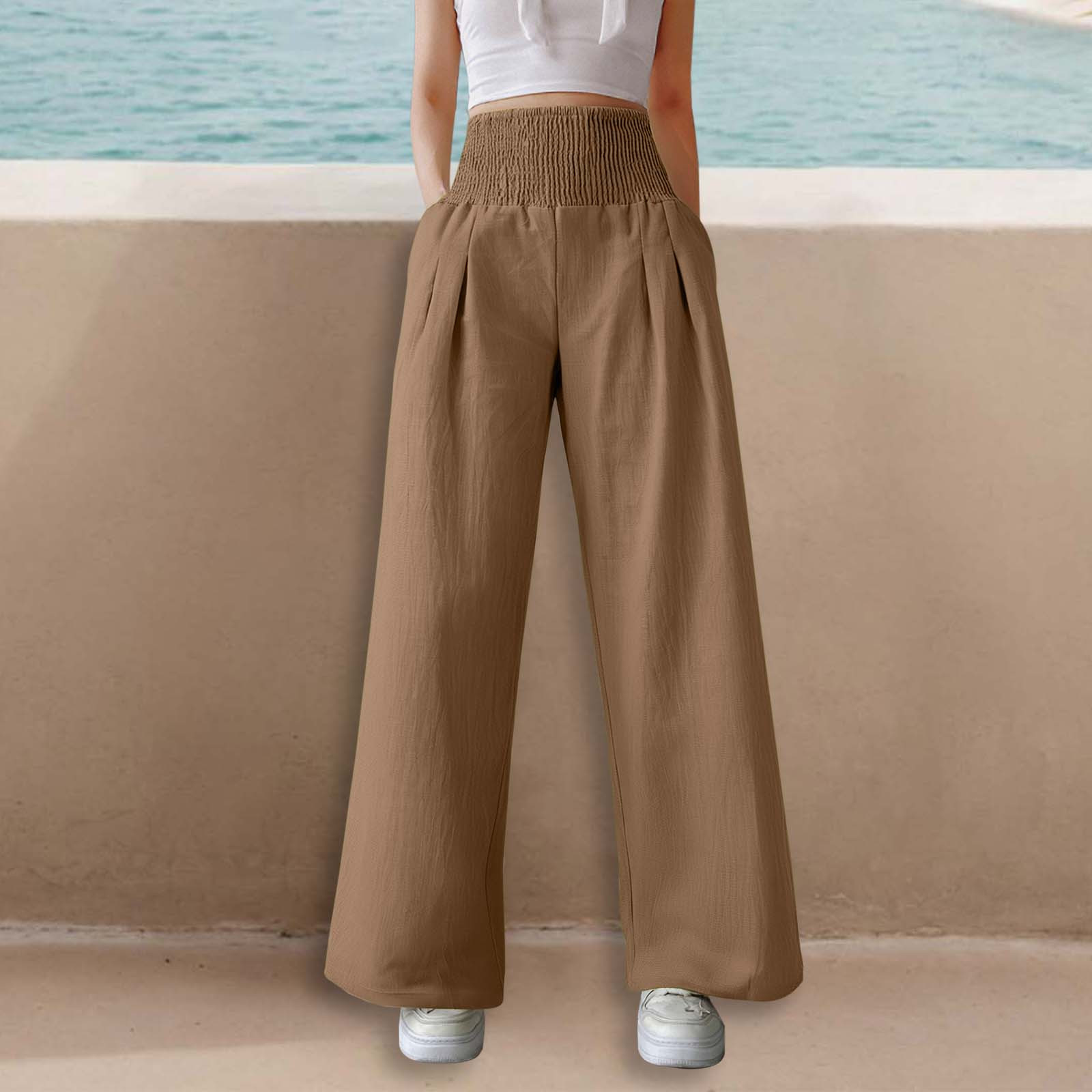 thumbnail image 2 of Pantalones anchos de cintura alta para mujer: elásticos, de color liso, con bolsillos y cinturón, para llevar a diario de forma informal. Tallas: M-XXXL., 2 of 5